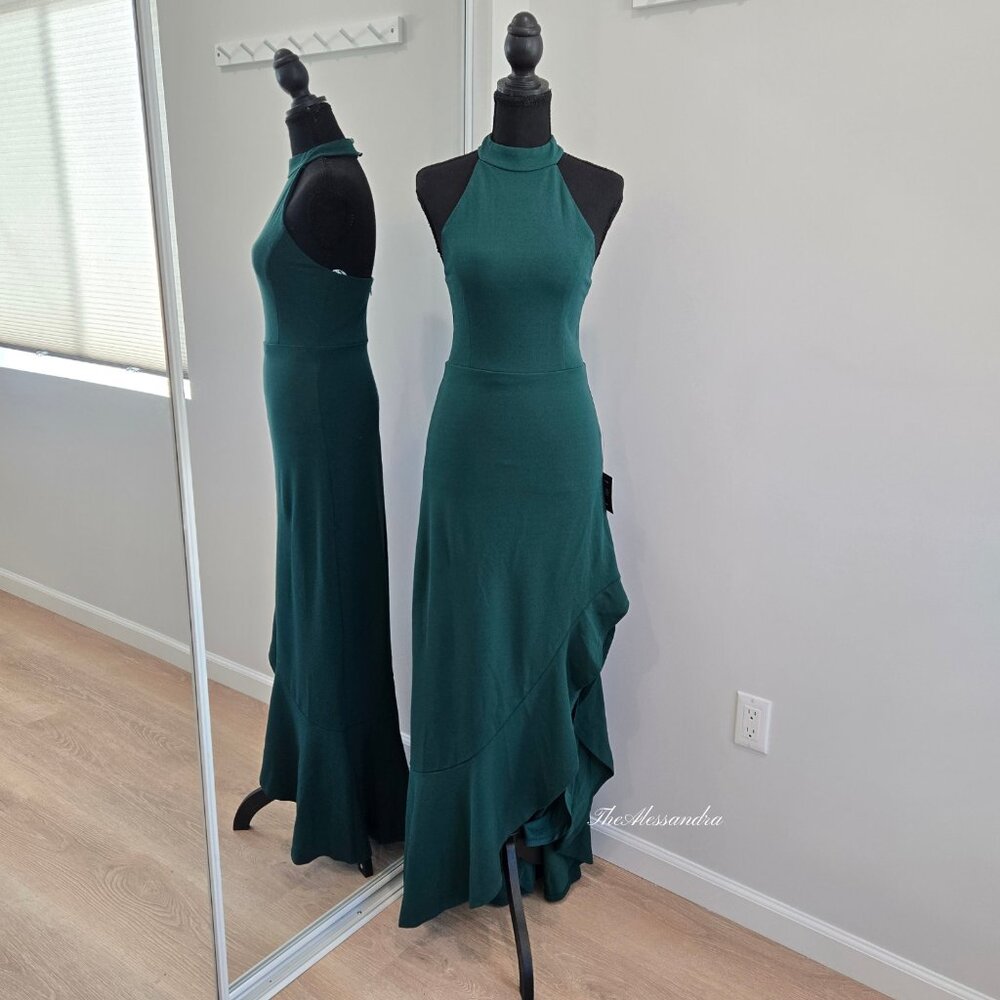 Lulus Ruffled Halter Maxi Dress Emerald Green Small Flaw Pearl New With Tags $99 - Picture 3 of 16